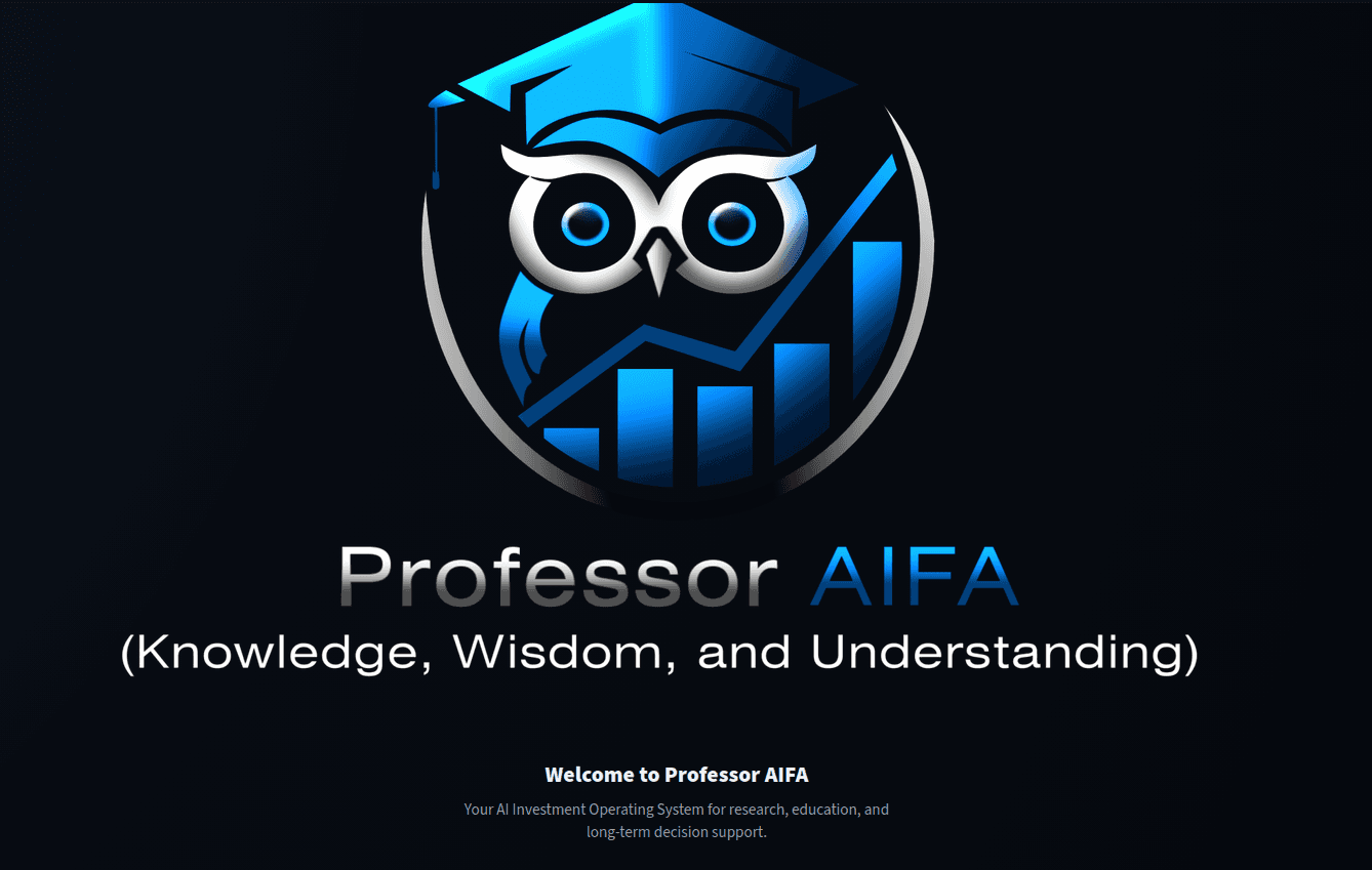 Professor AIFA welcome screen showing the Professor AIFA owl emblem, name, and Knowledge, Wisdom, and Understanding motto.