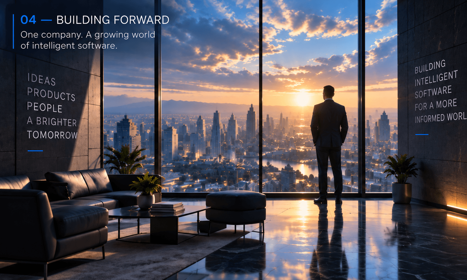 A forward-looking corporate environment overlooking a city at sunset.