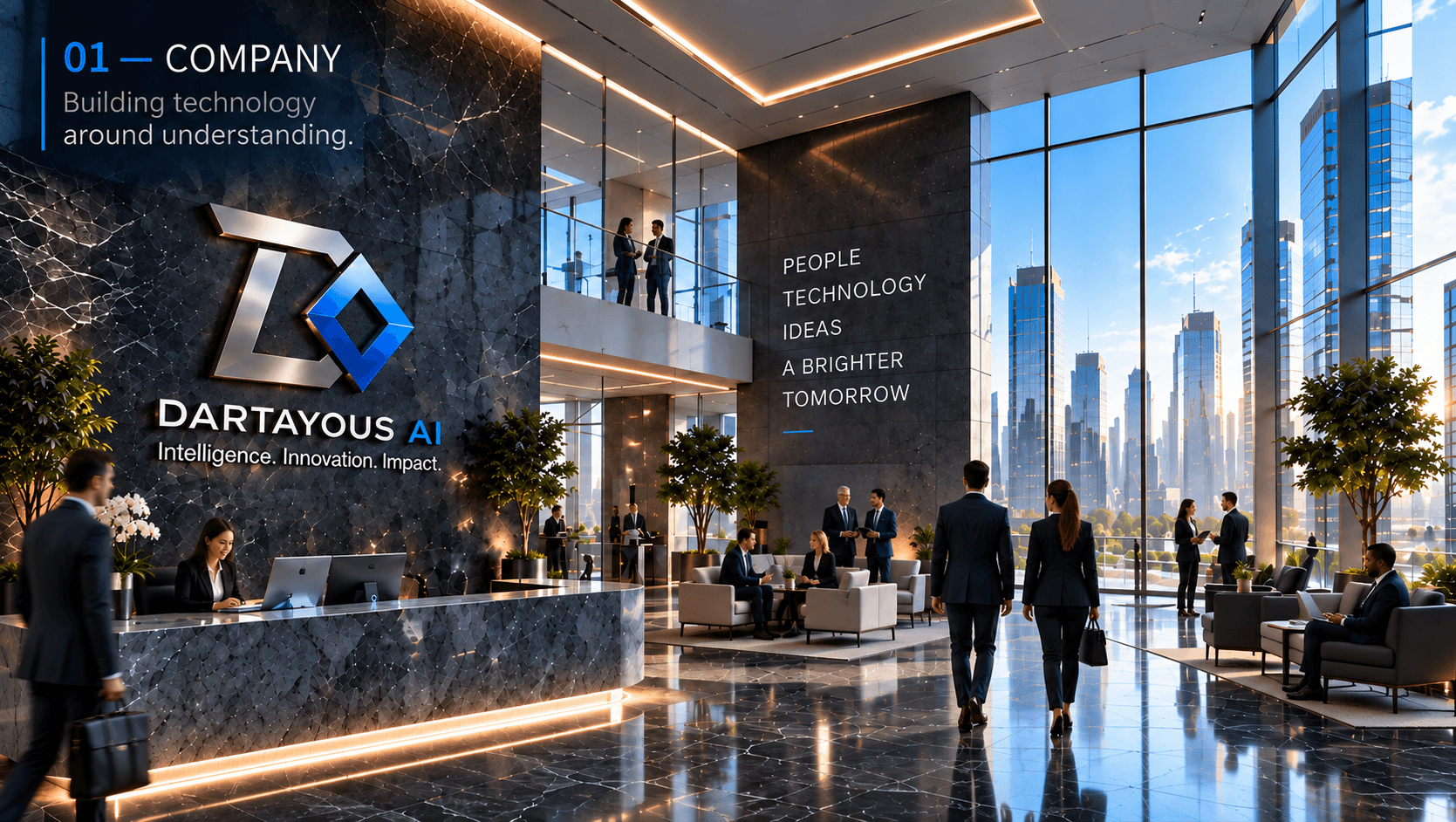 Dartayous AI corporate headquarters with professionals working inside a modern technology company.
