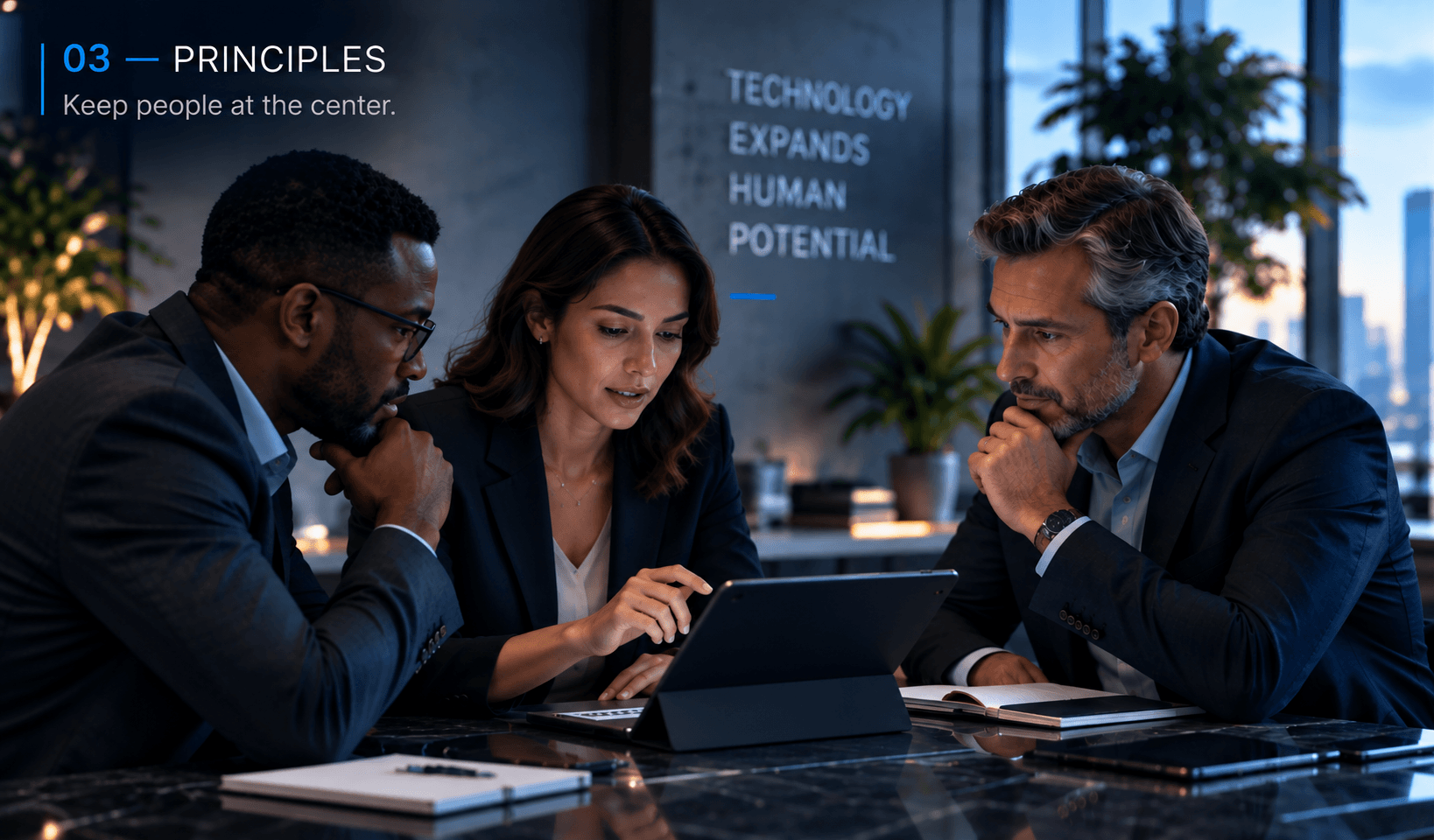 Professionals examining information together in a human-centered technology environment.