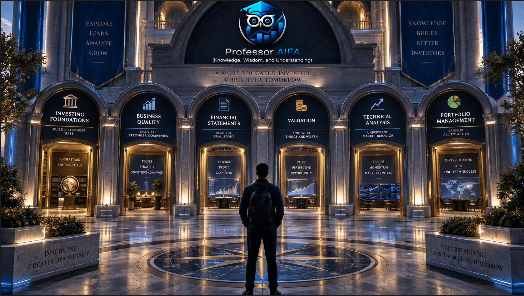 A student stands inside the Professor AIFA Learning Center facing six educational entrances representing Investing Foundations, Business Quality, Financial Statements, Valuation, Technical Analysis, and Portfolio Management.