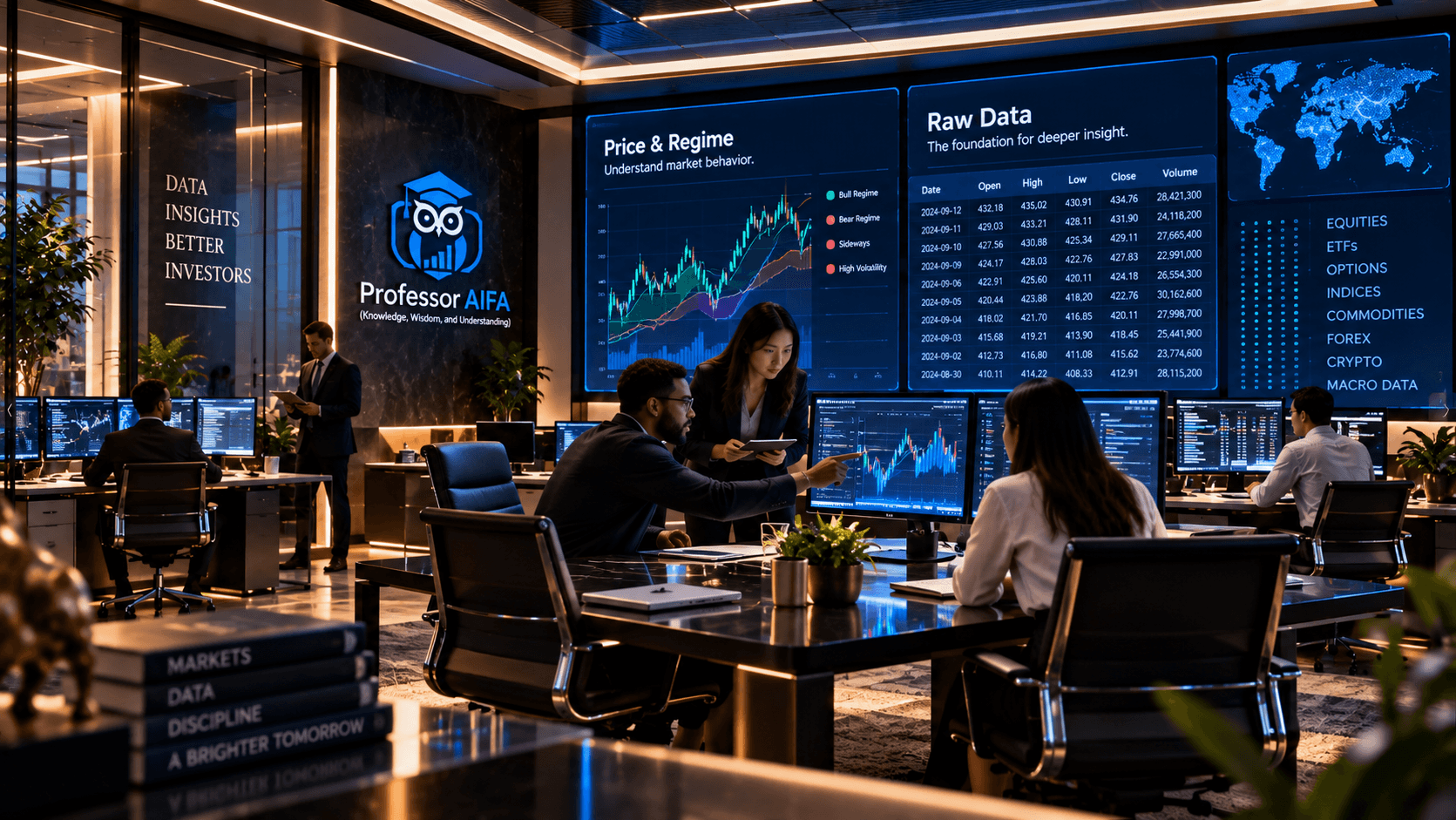 Professor AIFA University analytics room with Price and Regime and Raw Data displays